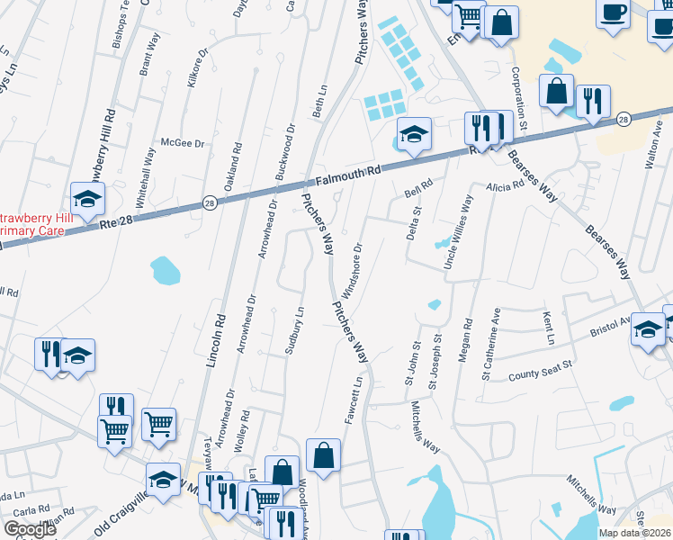 map of restaurants, bars, coffee shops, grocery stores, and more near 171 Windshore Drive in Barnstable