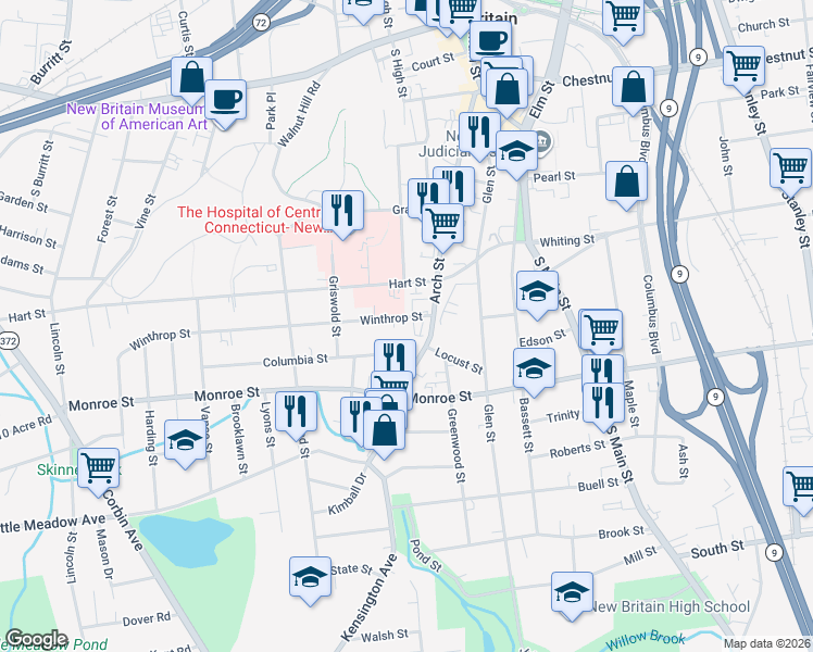 map of restaurants, bars, coffee shops, grocery stores, and more near 1 Columbia Street in New Britain