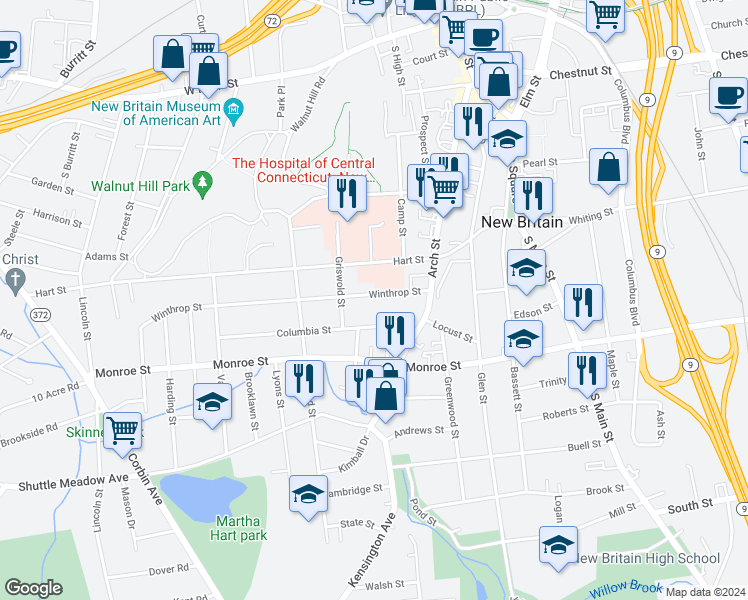 map of restaurants, bars, coffee shops, grocery stores, and more near 61 Columbia Street in New Britain