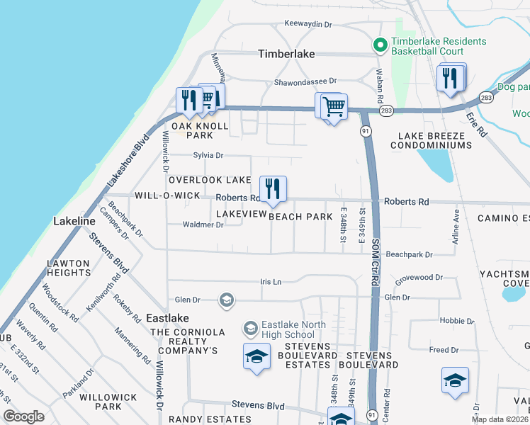 map of restaurants, bars, coffee shops, grocery stores, and more near in Willowick