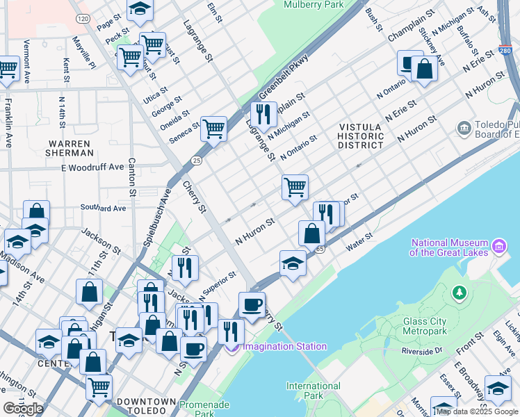 map of restaurants, bars, coffee shops, grocery stores, and more near 612 Walnut Street in Toledo