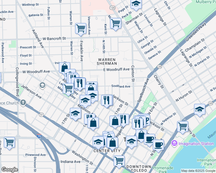 map of restaurants, bars, coffee shops, grocery stores, and more near 1807 North 13th Street in Toledo