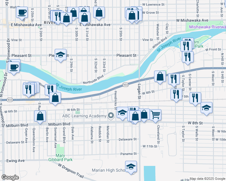 map of restaurants, bars, coffee shops, grocery stores, and more near 202-298 Meridian Street in Mishawaka