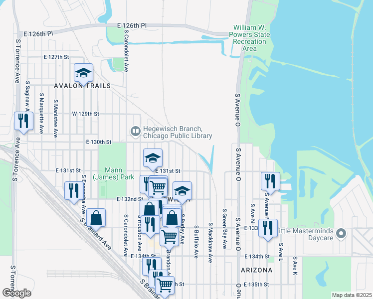 map of restaurants, bars, coffee shops, grocery stores, and more near 13039 South Burley Avenue in Chicago