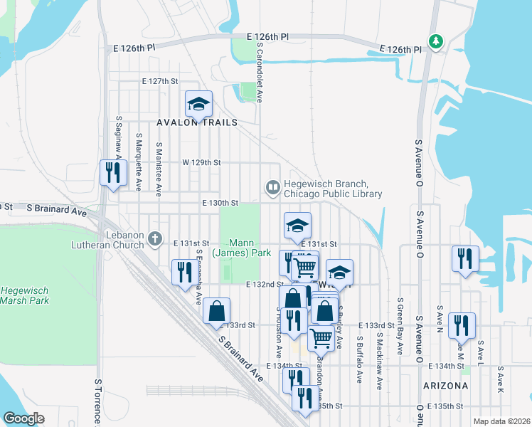 map of restaurants, bars, coffee shops, grocery stores, and more near 13043 South Carondolet Avenue in Chicago