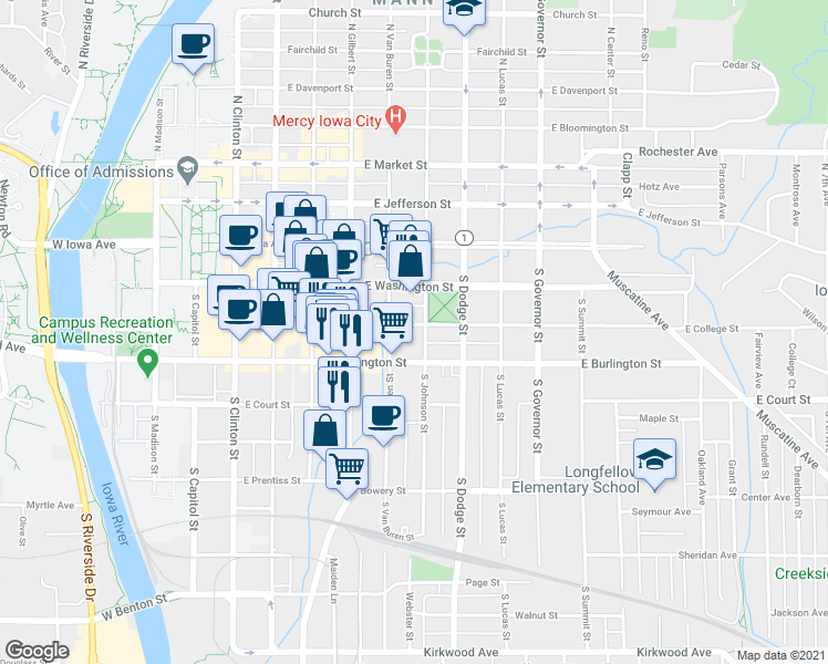 map of restaurants, bars, coffee shops, grocery stores, and more near 226 South Johnson Street in Iowa City