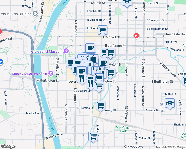 map of restaurants, bars, coffee shops, grocery stores, and more near 304 Historic US 6 in Iowa City