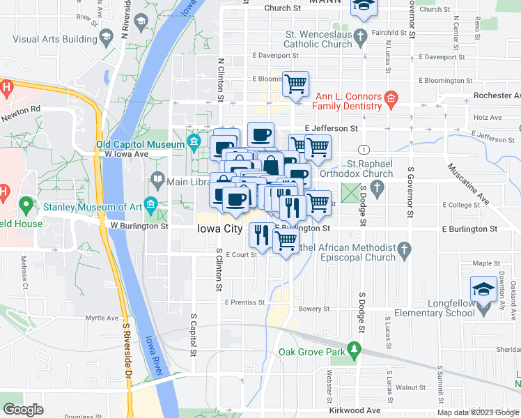 map of restaurants, bars, coffee shops, grocery stores, and more near 304 Historic US 6 in Iowa City