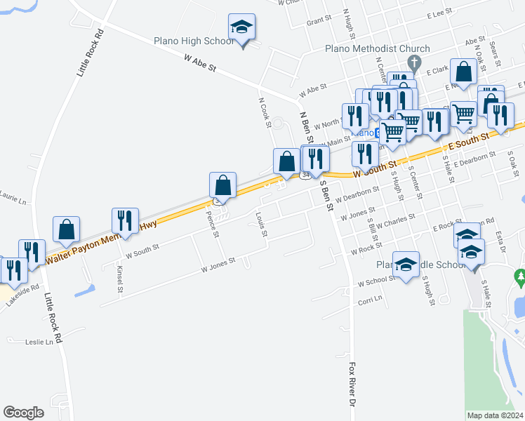 map of restaurants, bars, coffee shops, grocery stores, and more near 203 Louis Street in Plano