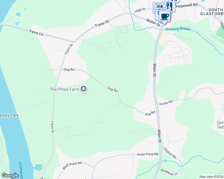 map of restaurants, bars, coffee shops, grocery stores, and more near 115 Dug Road in Glastonbury