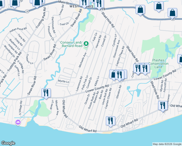 map of restaurants, bars, coffee shops, grocery stores, and more near 32 Cornell Drive in Dennis
