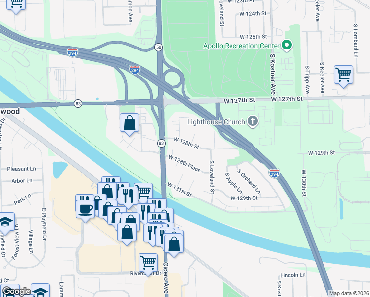 map of restaurants, bars, coffee shops, grocery stores, and more near 4709 West 128th Street in Alsip