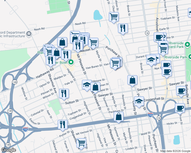 map of restaurants, bars, coffee shops, grocery stores, and more near Summer in New Bedford
