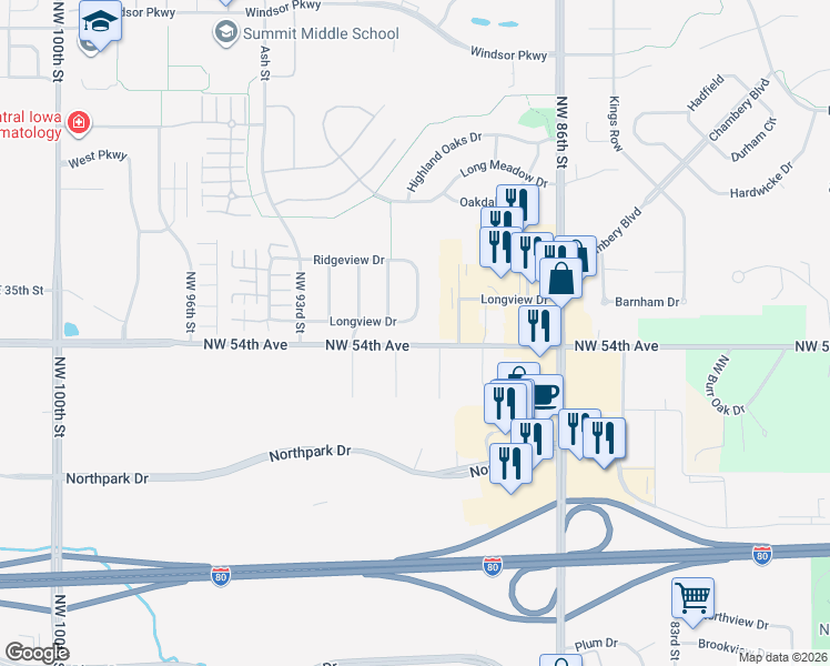 map of restaurants, bars, coffee shops, grocery stores, and more near 5385 Northwest 90th Court in Johnston