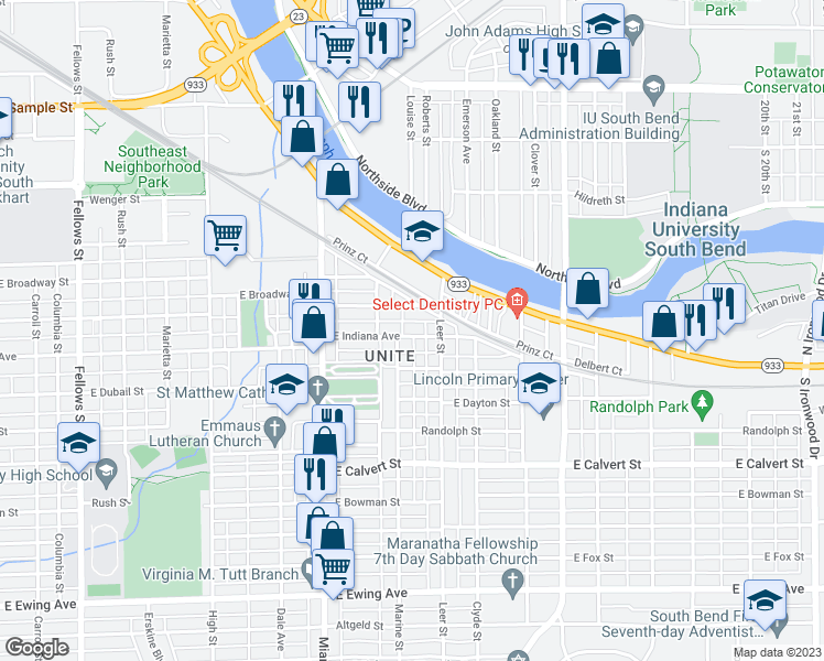 map of restaurants, bars, coffee shops, grocery stores, and more near 1209 East Indiana Avenue in South Bend