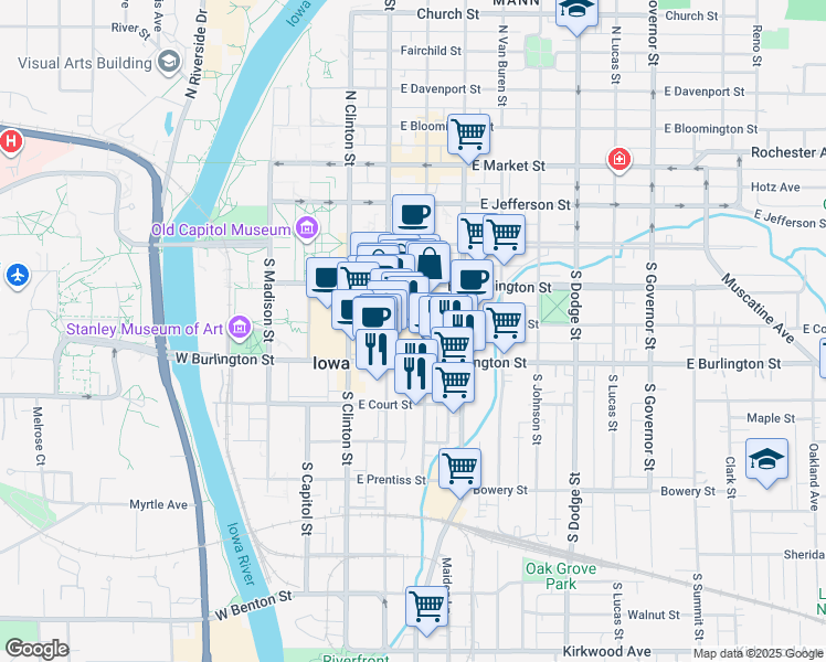 map of restaurants, bars, coffee shops, grocery stores, and more near 304 Historic US 6 in Iowa City