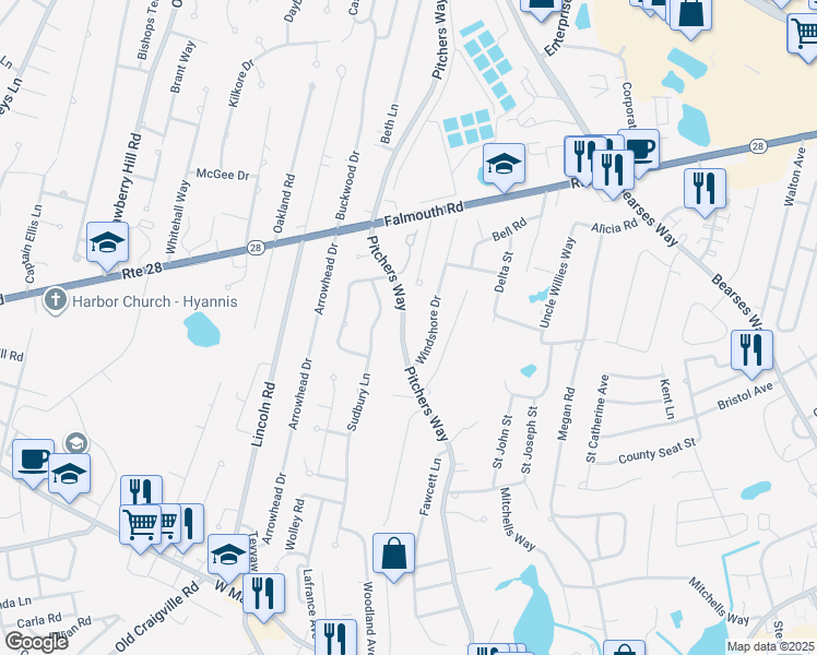 map of restaurants, bars, coffee shops, grocery stores, and more near 171 Windshore Drive in Barnstable