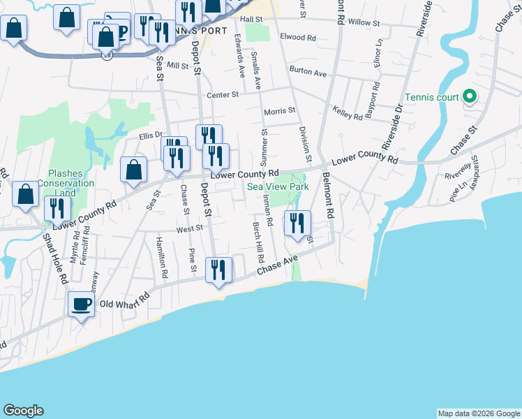 map of restaurants, bars, coffee shops, grocery stores, and more near 2 Helen's Way in Dennis