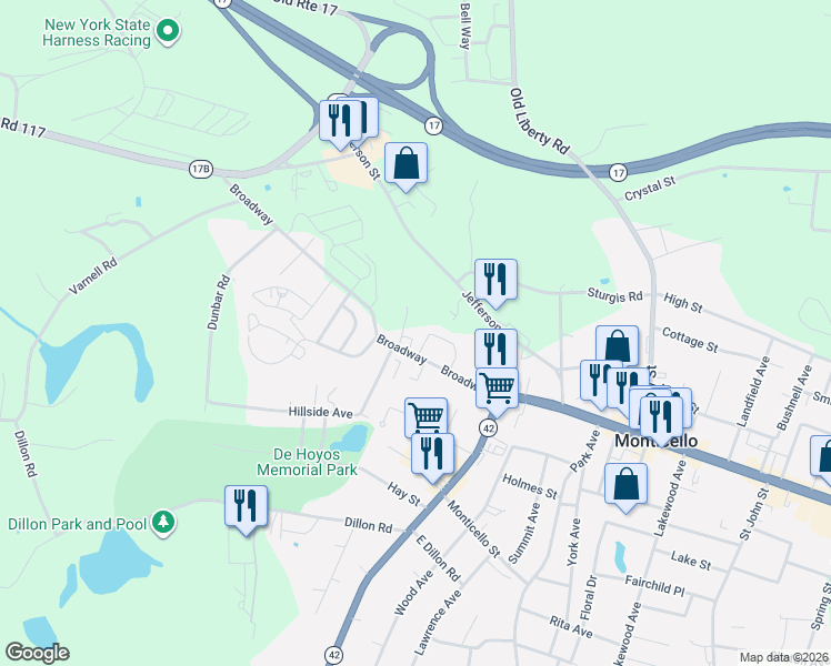 map of restaurants, bars, coffee shops, grocery stores, and more near 598 West Broadway in Monticello