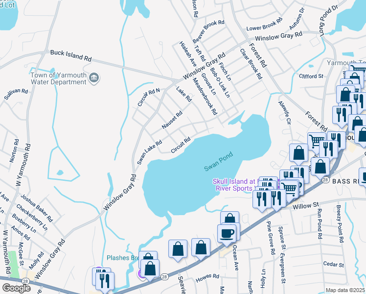 map of restaurants, bars, coffee shops, grocery stores, and more near 41 Circuit Road in Yarmouth