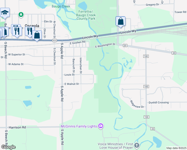 map of restaurants, bars, coffee shops, grocery stores, and more near 501 Baugo Avenue in Osceola