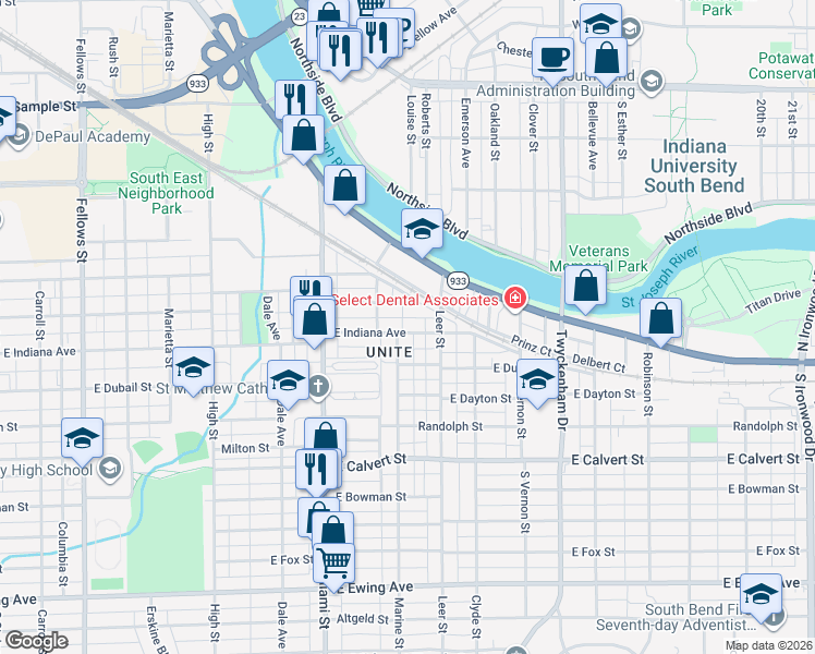 map of restaurants, bars, coffee shops, grocery stores, and more near 1217 Haney Avenue in South Bend