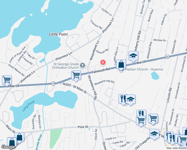 map of restaurants, bars, coffee shops, grocery stores, and more near 1080 Falmouth Road in Barnstable