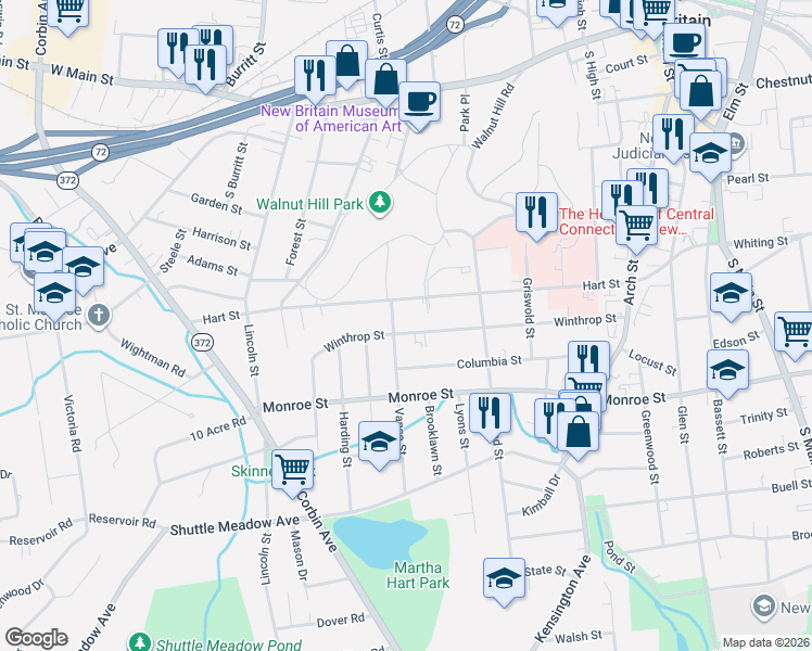 map of restaurants, bars, coffee shops, grocery stores, and more near 237 Winthrop Street in New Britain