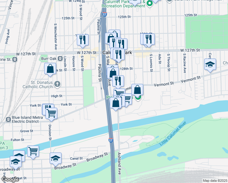 map of restaurants, bars, coffee shops, grocery stores, and more near 12844 S Ashland Ave in Calumet Park