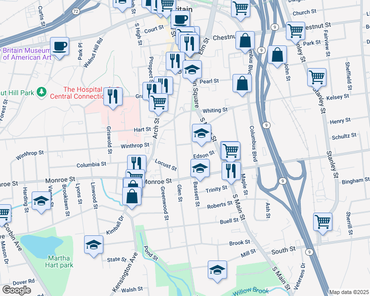 map of restaurants, bars, coffee shops, grocery stores, and more near 200 Glen Street in New Britain