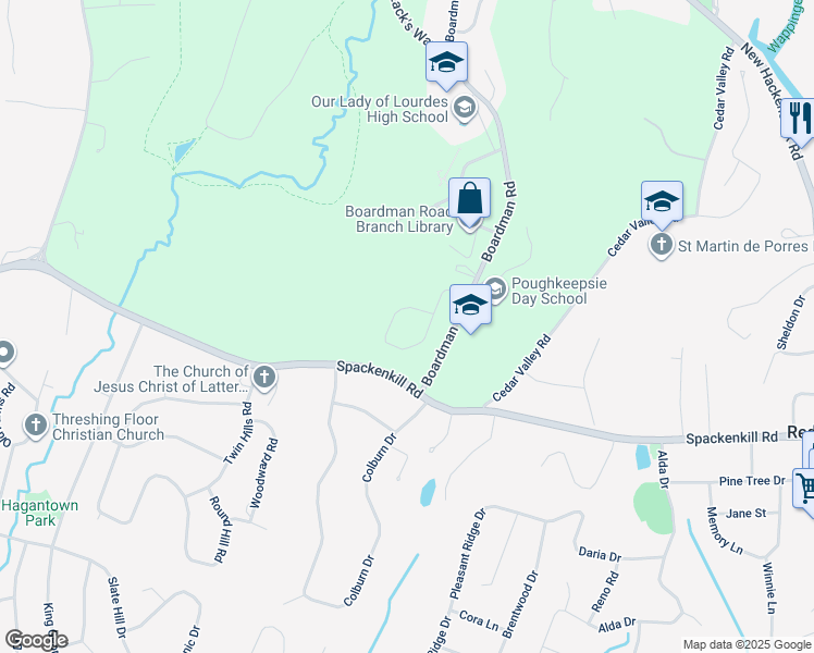 map of restaurants, bars, coffee shops, grocery stores, and more near 251 Boardman Road in Poughkeepsie