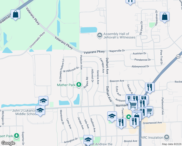 map of restaurants, bars, coffee shops, grocery stores, and more near 761 Hillcrest Drive in Romeoville