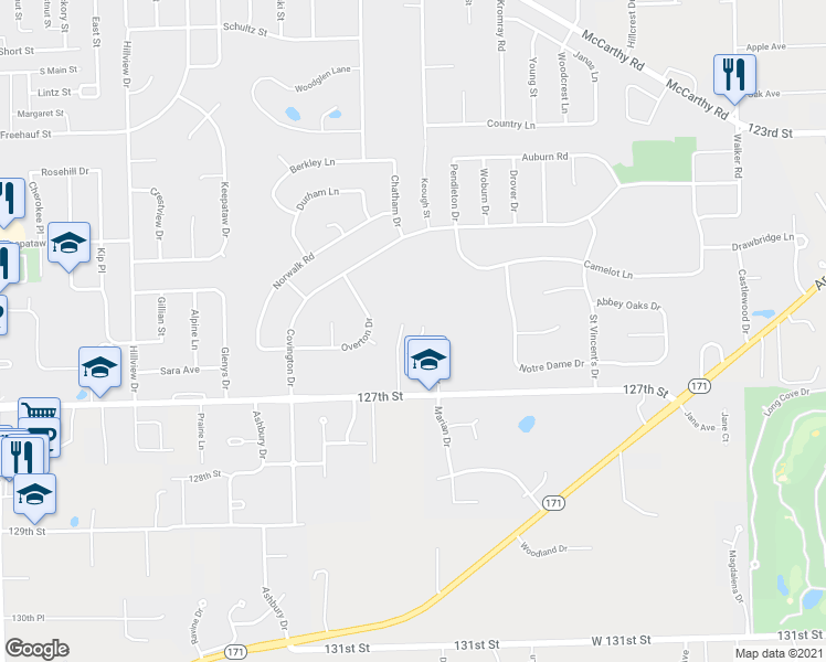 map of restaurants, bars, coffee shops, grocery stores, and more near 1117 Amber Drive in Lemont