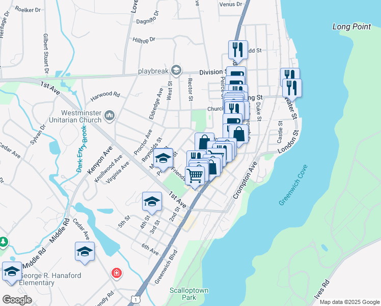 map of restaurants, bars, coffee shops, grocery stores, and more near 62 Somerset Street in East Greenwich
