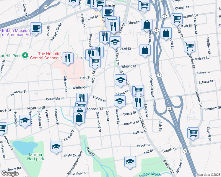 map of restaurants, bars, coffee shops, grocery stores, and more near 200 Glen Street in New Britain