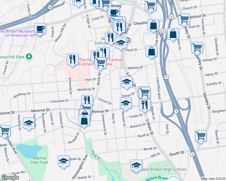 map of restaurants, bars, coffee shops, grocery stores, and more near 200 Glen Street in New Britain
