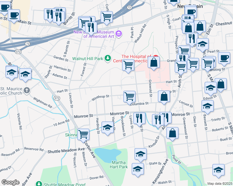 map of restaurants, bars, coffee shops, grocery stores, and more near 218 Hart Street in New Britain
