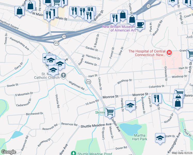 map of restaurants, bars, coffee shops, grocery stores, and more near in New Britain