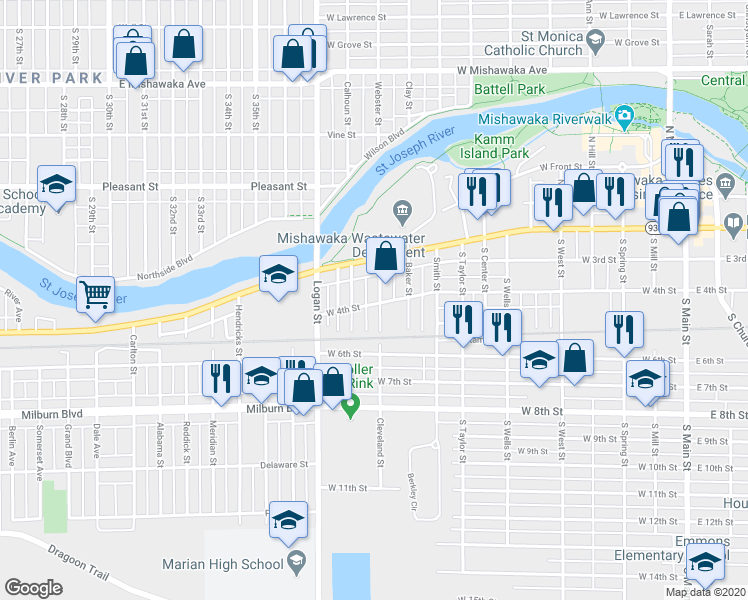 map of restaurants, bars, coffee shops, grocery stores, and more near 201 Cleveland Street in Mishawaka