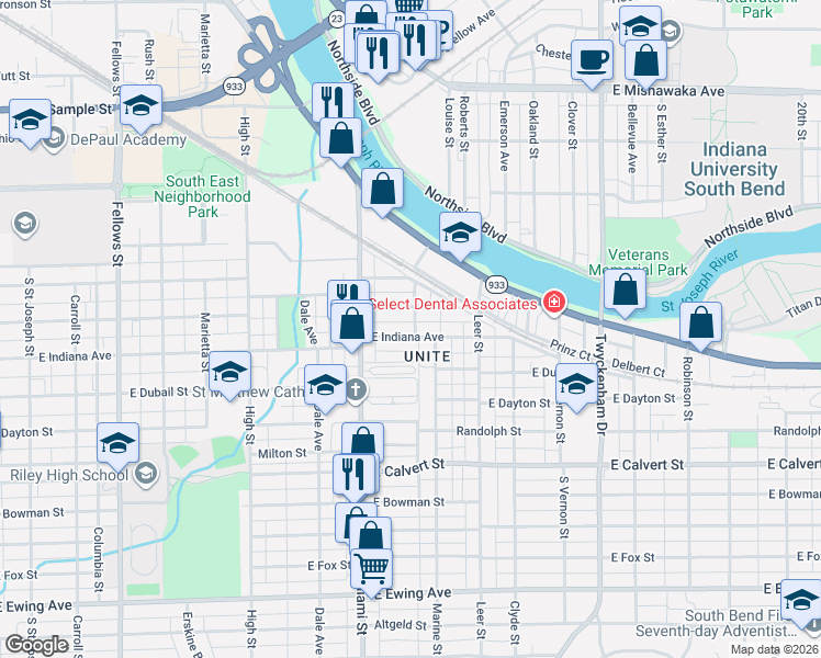 map of restaurants, bars, coffee shops, grocery stores, and more near 1135 Haney Avenue in South Bend