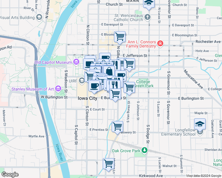map of restaurants, bars, coffee shops, grocery stores, and more near 116 South Linn Street in Iowa City