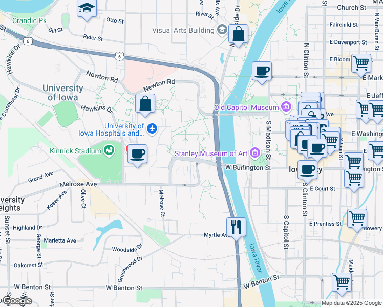 map of restaurants, bars, coffee shops, grocery stores, and more near 177-245 Byington Road in Iowa City