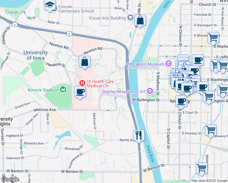 map of restaurants, bars, coffee shops, grocery stores, and more near 177 Byington Road in Iowa City