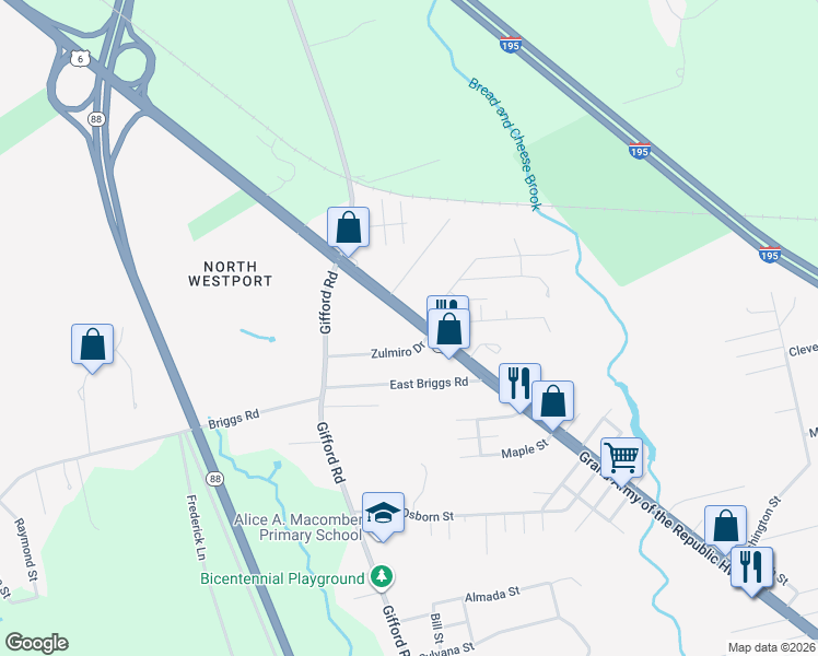 map of restaurants, bars, coffee shops, grocery stores, and more near 627 State Road in Westport