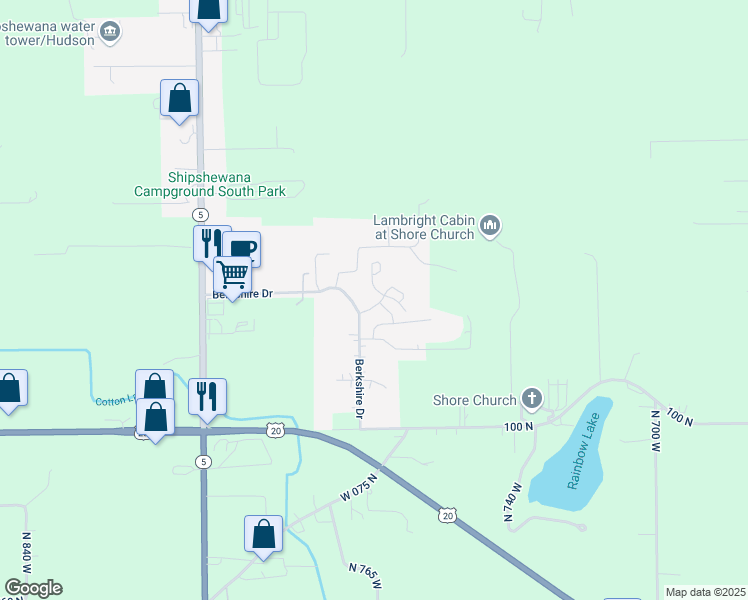 map of restaurants, bars, coffee shops, grocery stores, and more near 650 East Berkshire Drive in Shipshewana