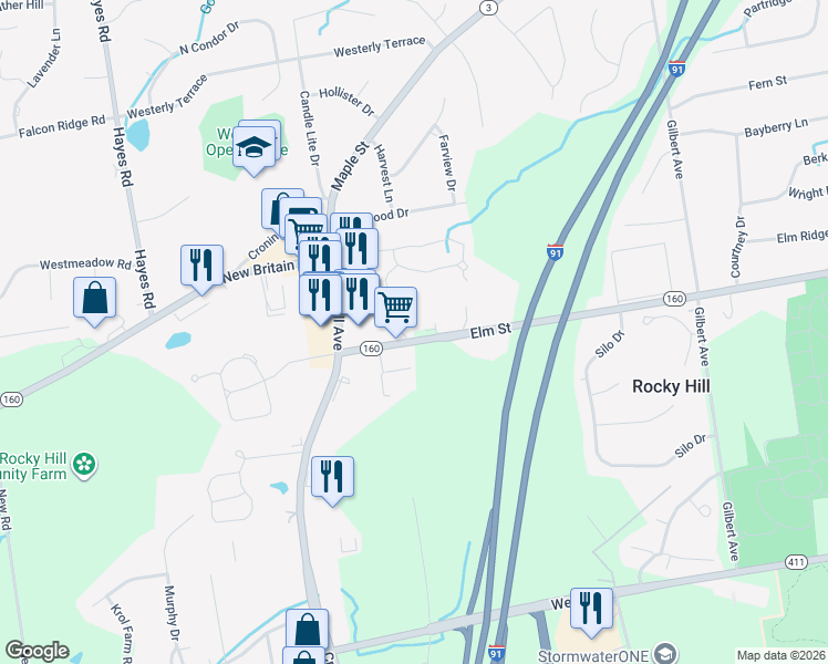 map of restaurants, bars, coffee shops, grocery stores, and more near 1017 Elm Street in Rocky Hill