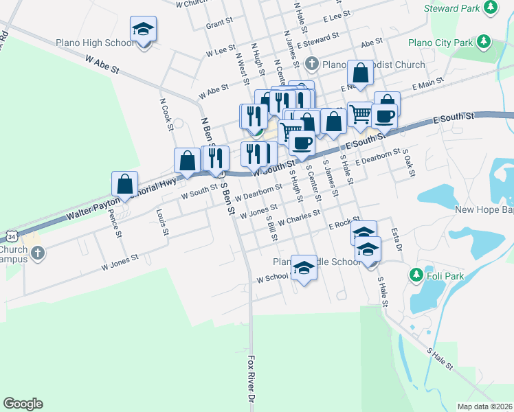 map of restaurants, bars, coffee shops, grocery stores, and more near 215 West Dearborn Street in Plano
