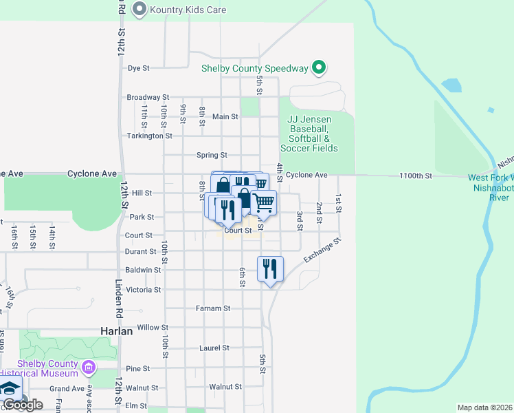 map of restaurants, bars, coffee shops, grocery stores, and more near 510 Hill Street in Harlan