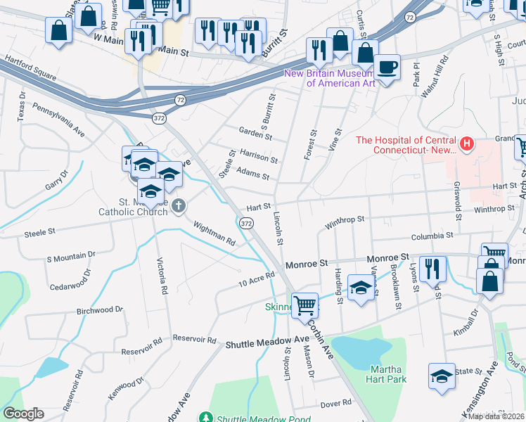 map of restaurants, bars, coffee shops, grocery stores, and more near 22 West End Avenue in New Britain