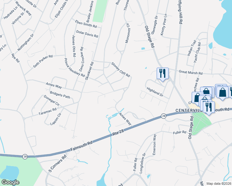 map of restaurants, bars, coffee shops, grocery stores, and more near 20 Buckskin Path in Barnstable